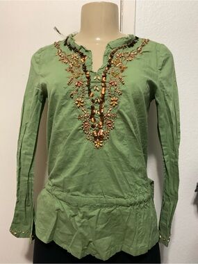 Orange USA women’s boho Y2K Green beaded V-Neck Long-Sleeve Top size S